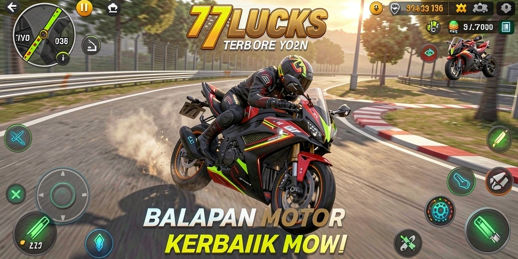 Gameplay mendebarkan dari 77LUCKS menunjukkan balapan motor yang intens.