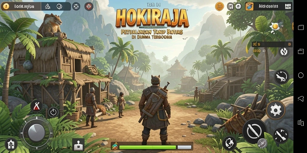 Screenshot gameplay HOKIRAJA menampilkan petualangan seru di dunia terbuka.