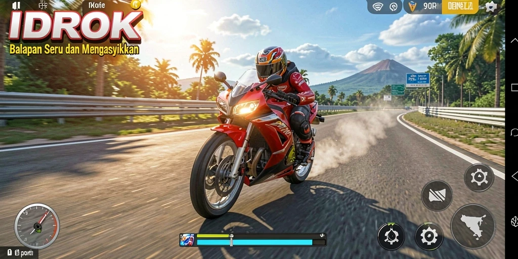 Screenshot utama IDROK menampilkan aksi balapan motor yang mendebarkan.
