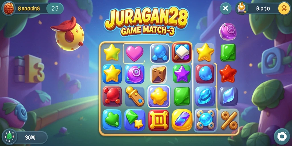 Tampilan gameplay <strong>JURAGAN28</strong> yang seru dan penuh warna dalam aksi Match-3.