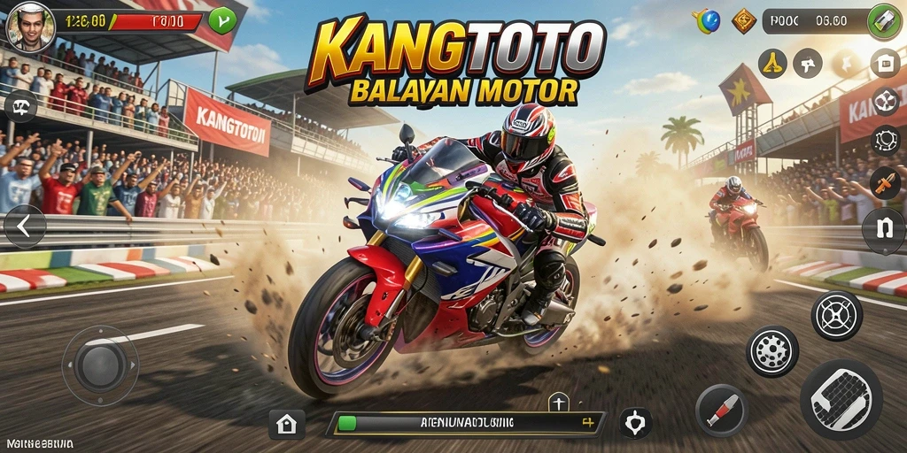 Screenshot gameplay KANGTOTO menampilkan aksi balapan motor yang seru.