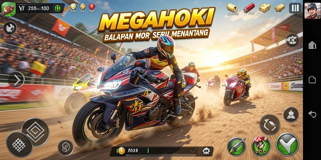 Gameplay seru balapan motor di MEGAHOKI dengan lintasan yang menantang.