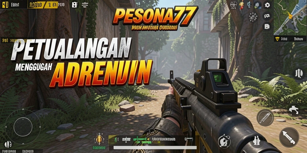 Screenshot utama PESONA77 menampilkan aksi tembak-menembak yang mendebarkan di medan perang.