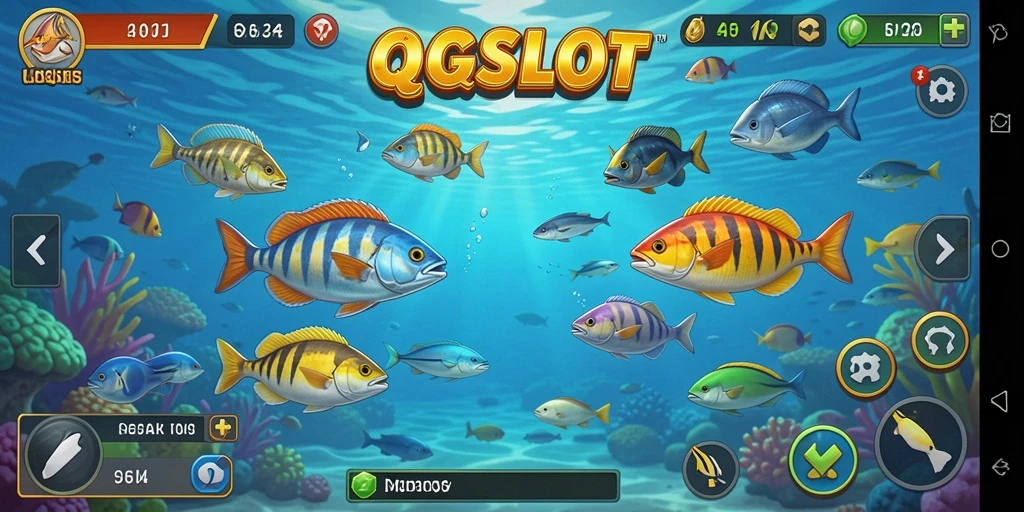 Screenshot gameplay QQSLOT menampilkan aksi seru menembak ikan.